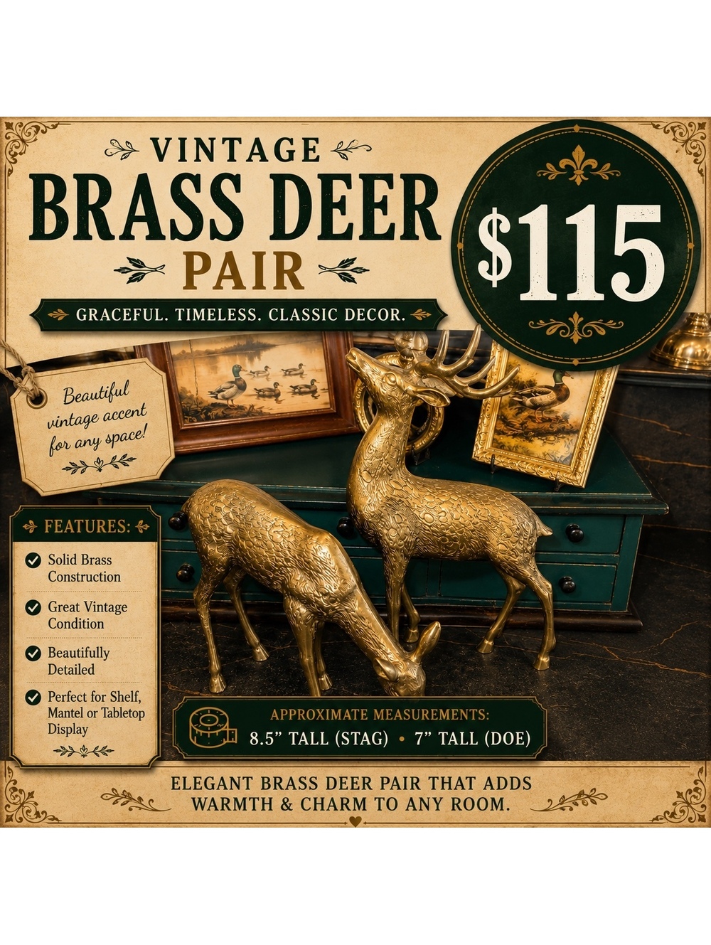 Pair of Solid Brass Deer (Buck & Doe)